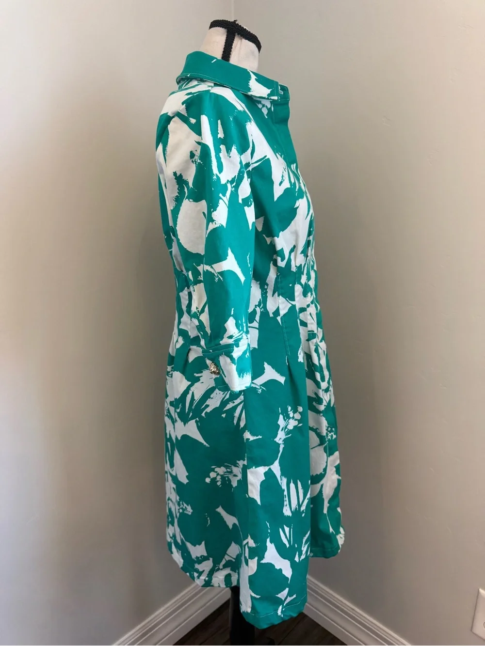 Anne Klein 4P Green White Floral Shirt Dress Petite Button Front Stretch Cotton - Picture 13 of 13